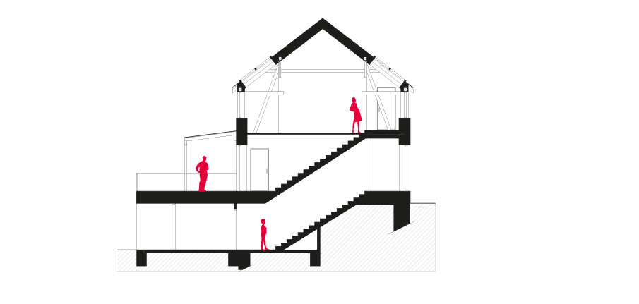 příčný řez rekreační chatou v Rokytnici, architektura, návrh, strudie rekonverze stolařské dílny