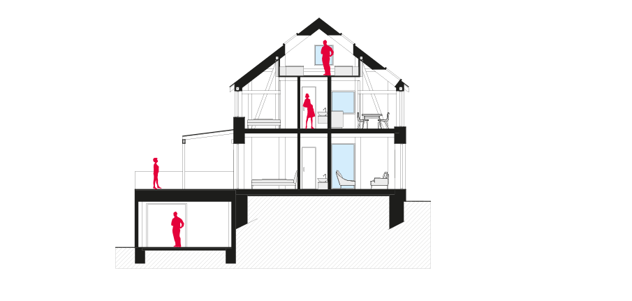 příčný řez rekreační chatou v Rokytnici, architektura, návrh, strudie rekonverze stolařské dílny