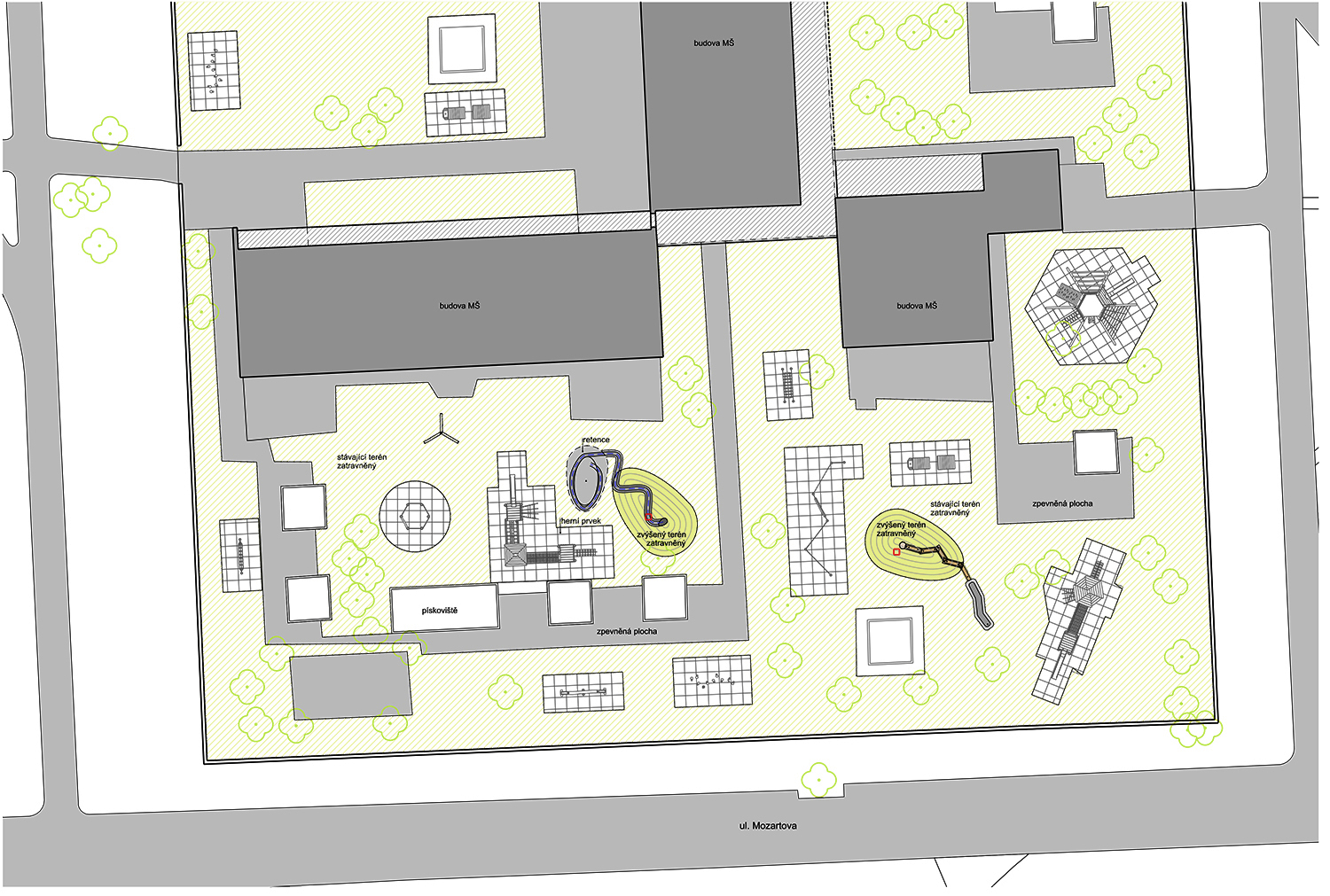 návrch zahradní architektura školních hřišť, zahrada mateřské školy v pardubicích, situace