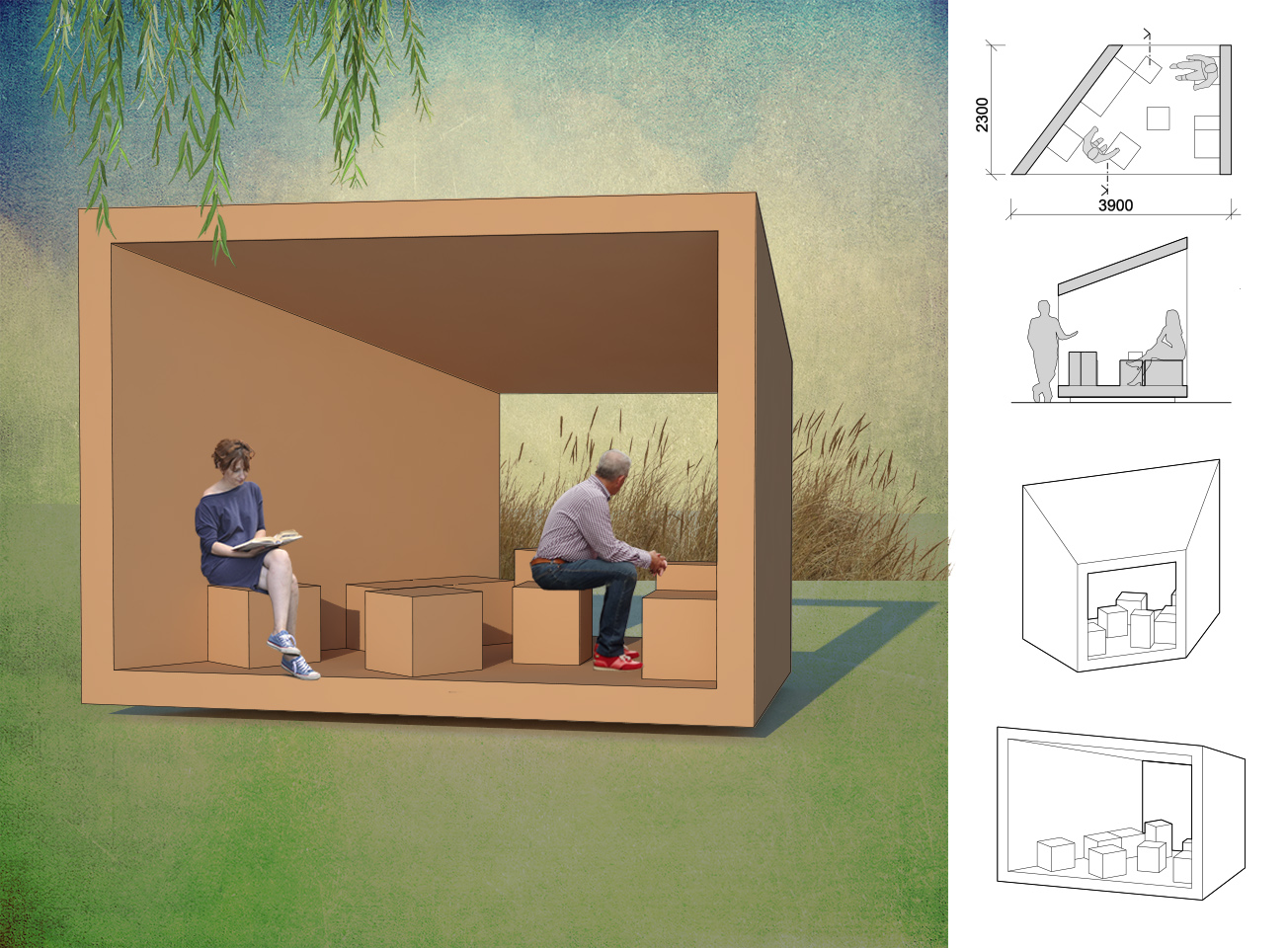 design dřevěného přístřešku, sezení kostky, akcentace výhledu na zajímavá místa design Pavla Tylichová
