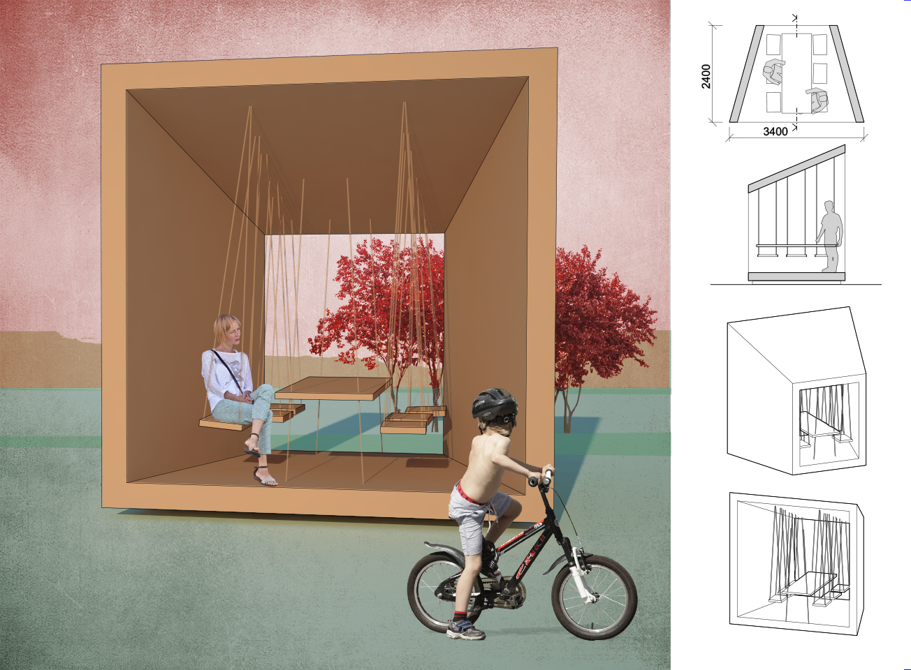 návrh krajinářská architektura, prvek malé architektury v krajině, zastávka cyklostezska s posezením na zavěšených lavicích u stolu