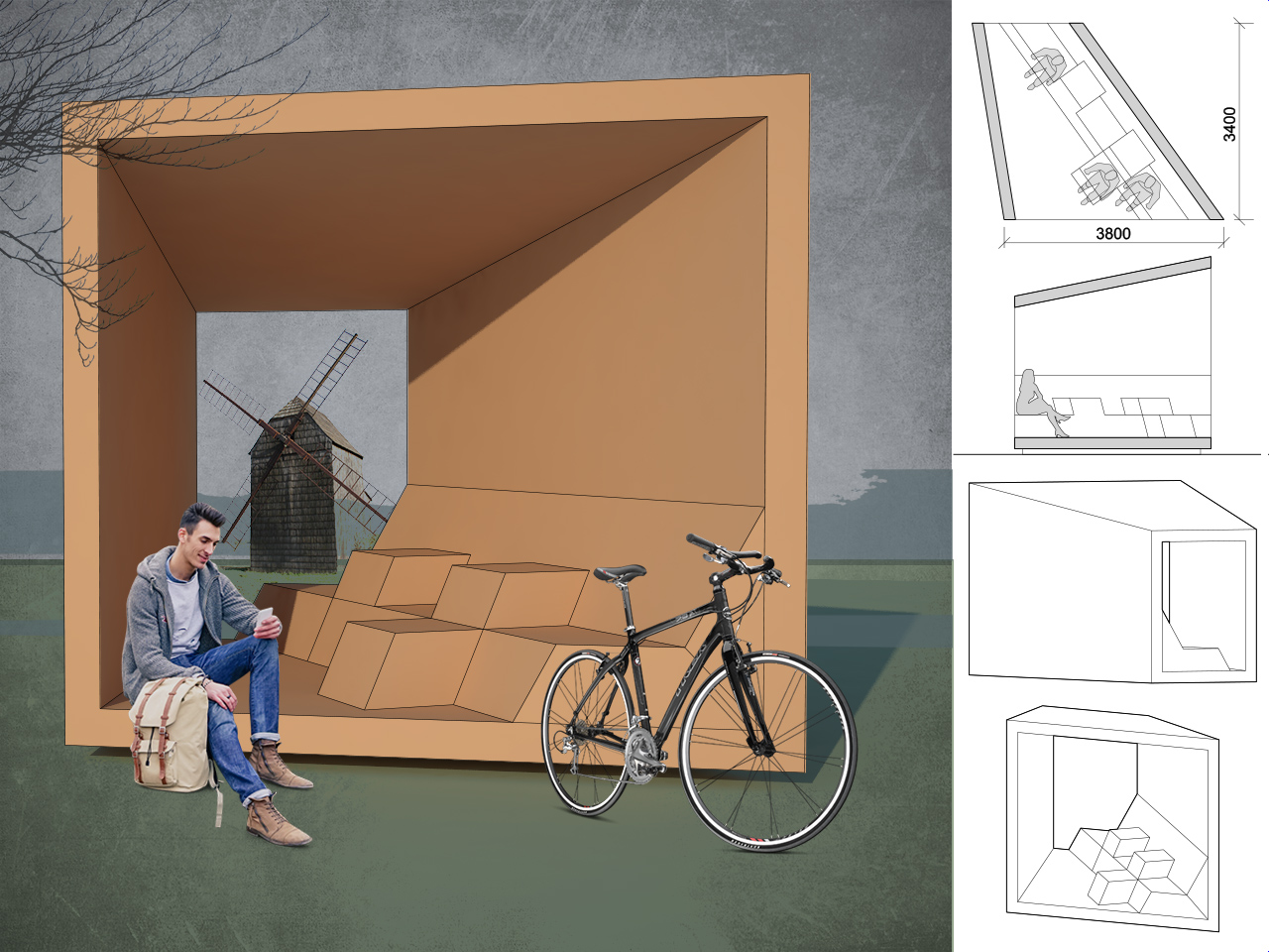 krytá zastávka, design městského a krajinného mobiliáře posezení na elevaci